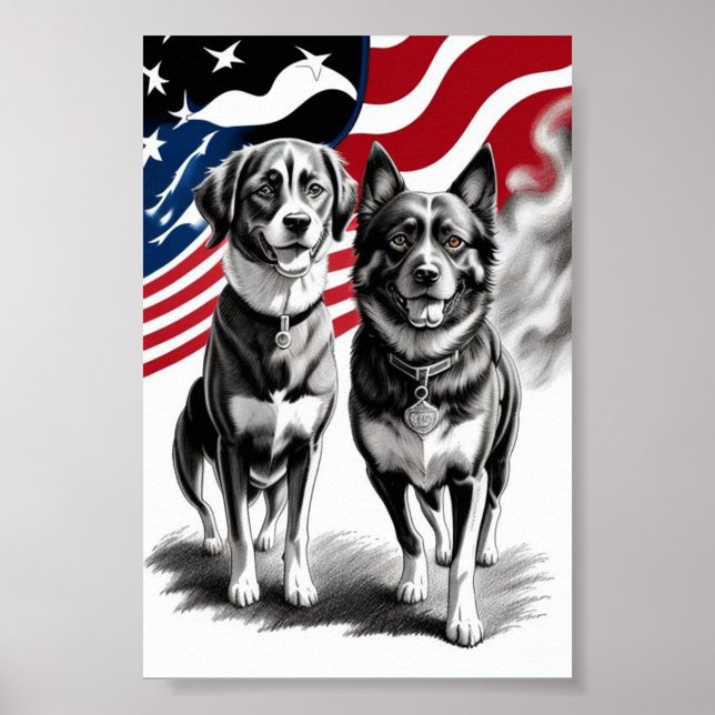 American Flag  Poster (Patriotic Dogs and American Flag Background Poster!)
