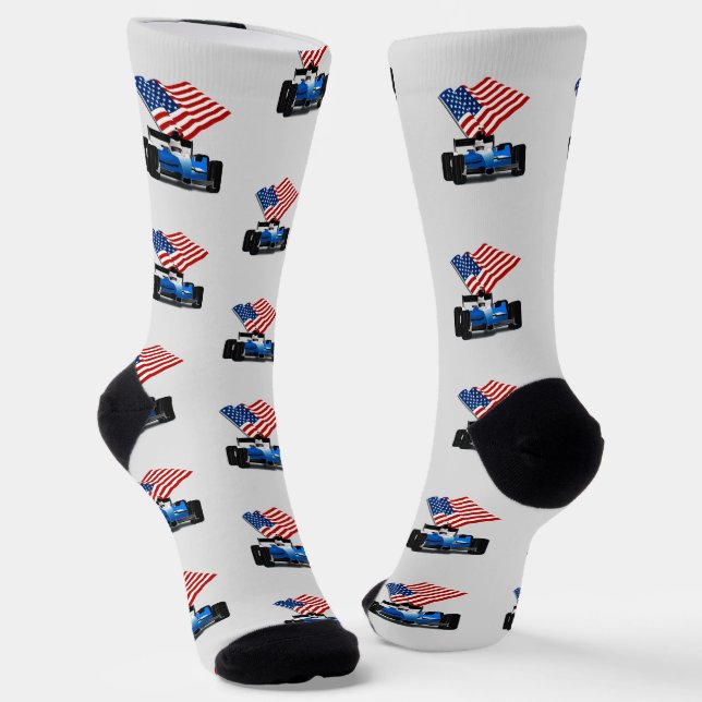 American Flag Race Car Sports Socks (Angled)