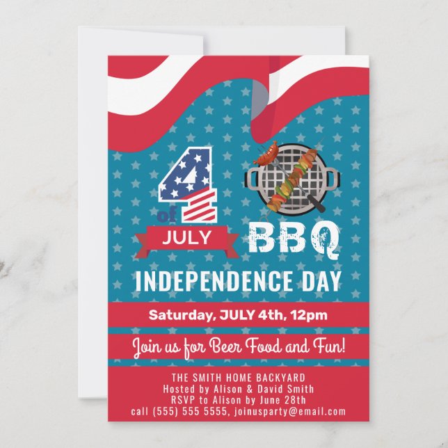 American Flag Red White Blue 4th of JULY BBQ Party Invitation (Front)