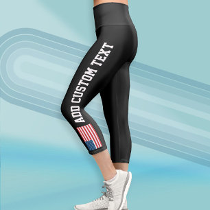 American Flag Red White Blue Bold Text Capri Leggings
