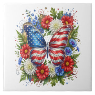 American Flag Red White Blue Butterfly Floral Tile