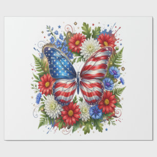 American Flag Red White Blue Butterfly Floral Wrapping Paper