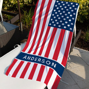 American Flag Red White Blue Custom Monogram Name Beach Towel