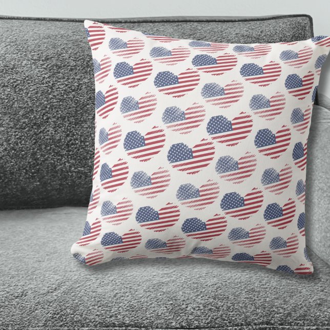American Flag Red White Blue Patriotic Cushion (Cute Patriotic American Flag Rustic Heart Pattern Throw Pillow)