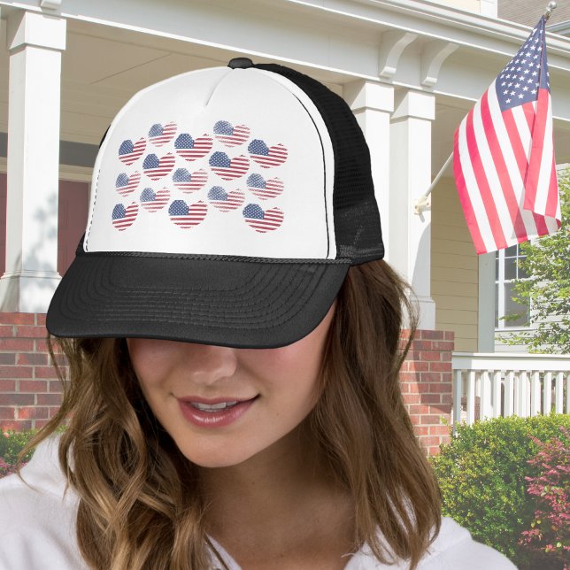 American Flag Red White Blue Patriotic Trucker Hat (Cute Patriotic American Flag Rustic Heart Pattern Trucker Hat)