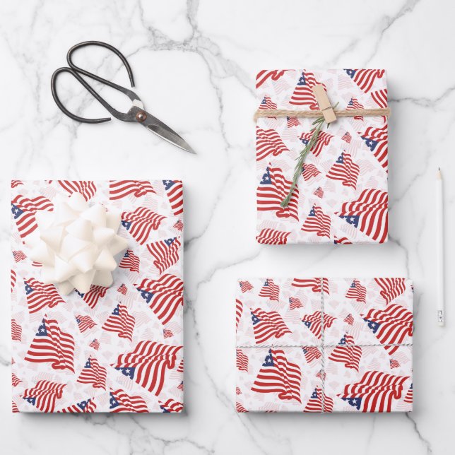 American Flag Red White Blue Random Pattern Wrapping Paper Sheet (Front)