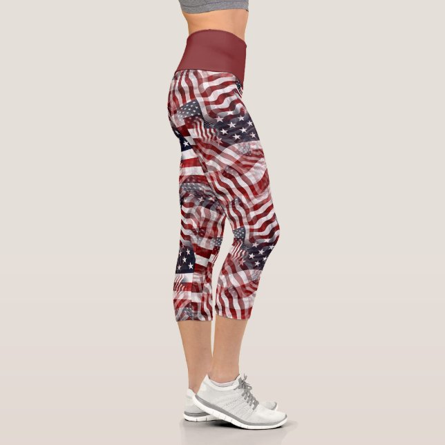 American Flag Red White Blue Stripes Stars Pattern Capri Leggings (Right)