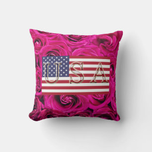 American Flag & Roses Throw Pillow