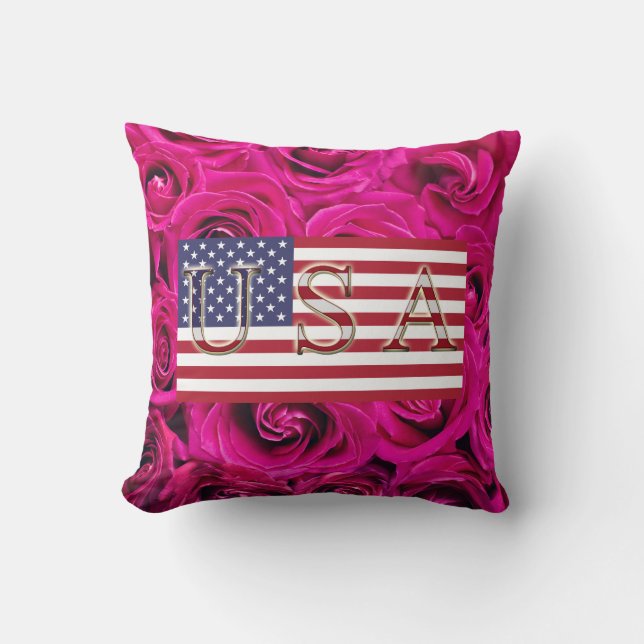 American Flag & Roses Throw Pillow (Front)