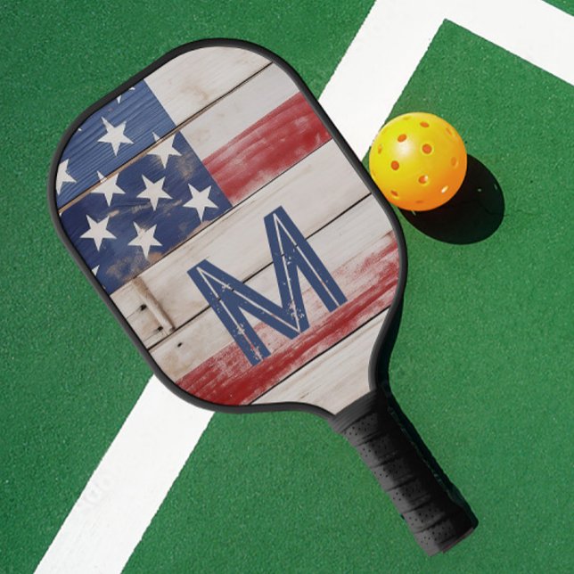 American Flag Rustic Red White Blue Monogram Pickleball Paddle (Creator Uploaded)