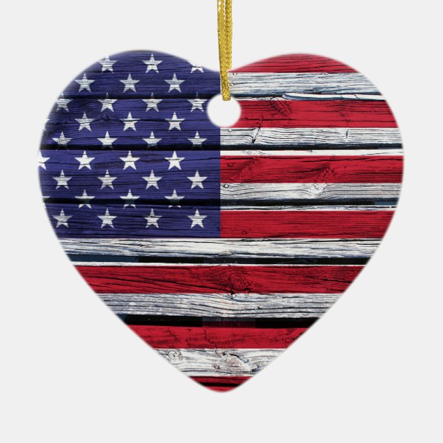 American Flag Rustic Wood Ceramic Tree Decoration (Front)