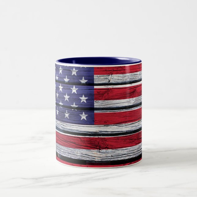 American Flag Rustic Wood Two-Tone Coffee Mug (Center)
