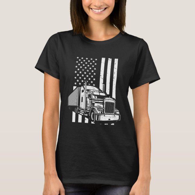 American Flag Semi Truck Trucker T-Shirt (Front)