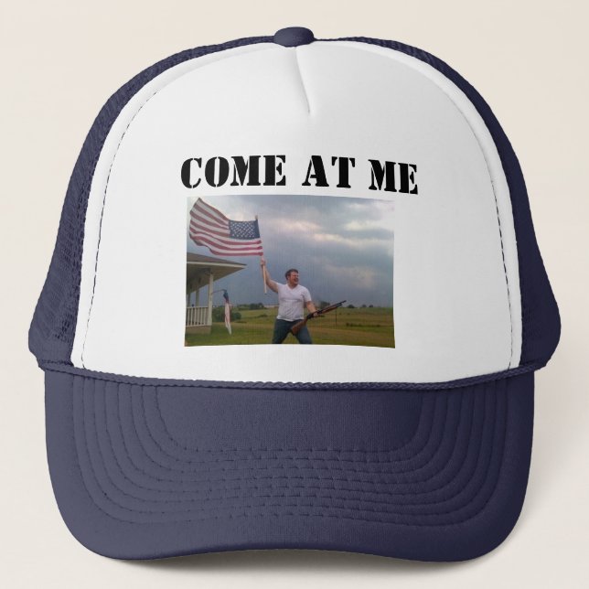 American Flag Shotgun Guy "COME AT ME" Trucker cap (Front)