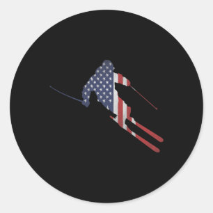 American Flag Skiing Outfit For Us Skiers And Ski Classic Round Sticker