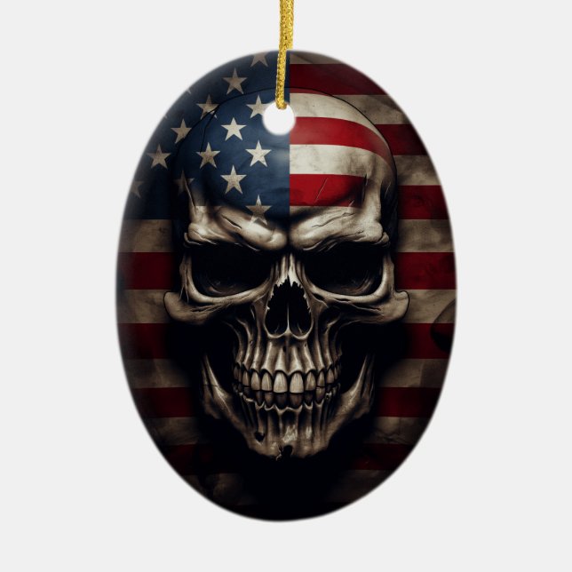 American Flag Skull  Ceramic Tree Decoration (Front)