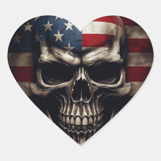 American Flag Skull  Heart Sticker (Front)