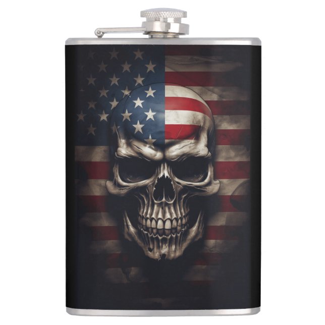 American Flag Skull  Hip Flask (Front)