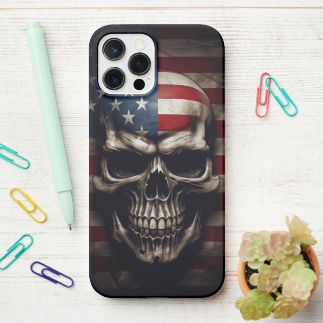 American Flag Skull  iPhone Case (On Desk)