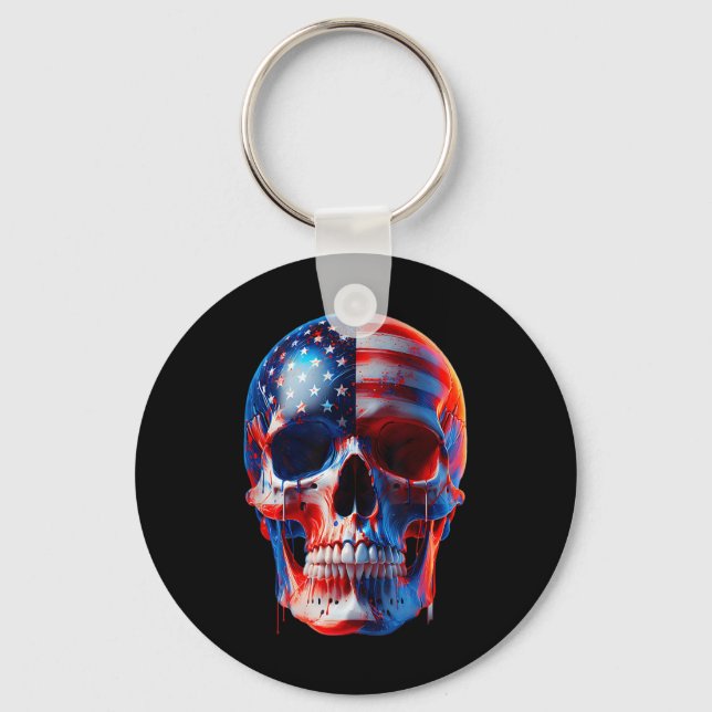 American Flag Skull Patriotic Skeleton 4th Of July Key Ring (Front)