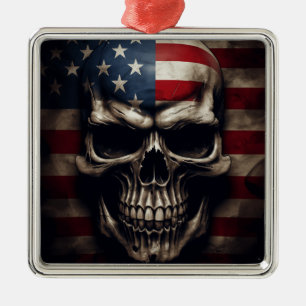 American Flag Skull Print With Stand Metal Tree Decoration