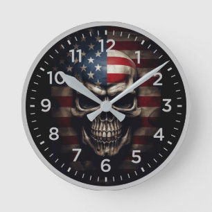 American Flag Skull Round Clock