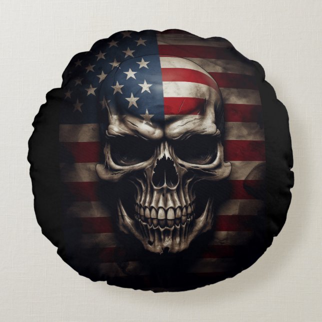 American Flag Skull  Round Cushion (Front)