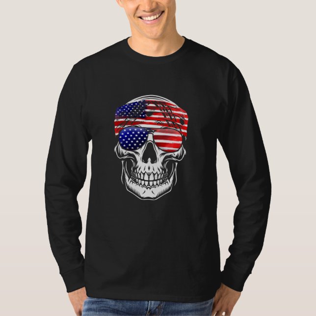American Flag Skull Usa Flag Head Bandanna Sunglas T-Shirt (Front)