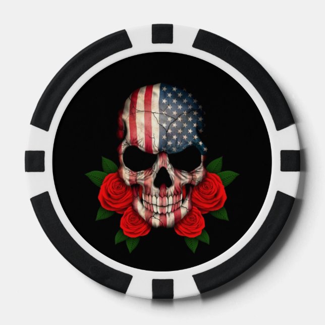 American Flag Skull with Red Roses Poker Chips (Front)