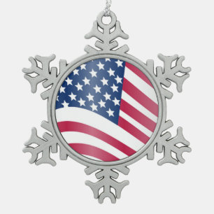 AMERICAN FLAG SNOWFLAKE PEWTER CHRISTMAS ORNAMENT
