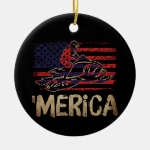 American Flag Snowmobile Winter Snowmobiling Ceramic Tree Decoration