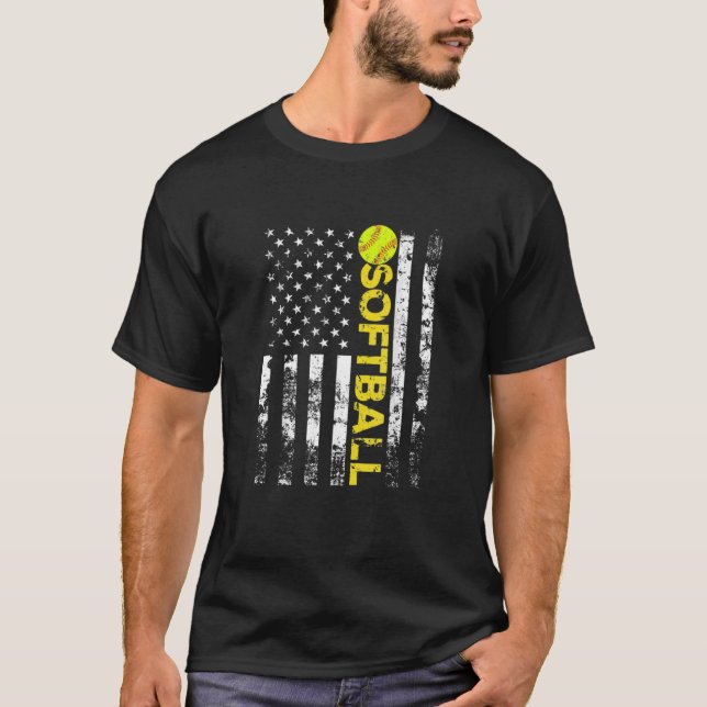 American Flag Softball Dad For Father's Day Funny T-Shirt (Front)