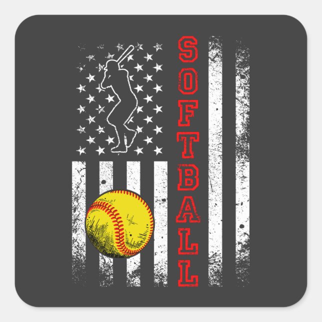 American Flag Softball Team Vintage Funny Square Sticker (Front)