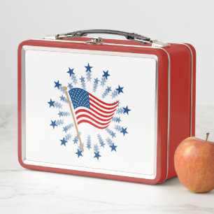 American Flag Starburst Fireworks 4th of July Metal Lunch Box