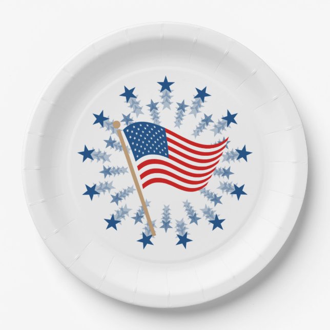 American Flag Starburst Fireworks 4th of July Paper Plate (Front)