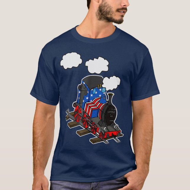 American Flag Steam Train 4th July USA Railroad T-Shirt (Front)