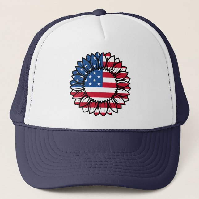 American Flag Sunflower-32222 Trucker Hat (Front)
