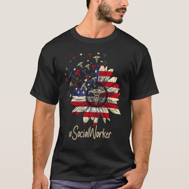 American Flag Sunflower The Caduceus Social Worker T-Shirt (Front)