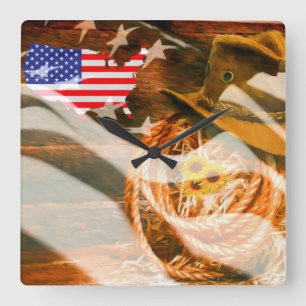 American Flag Sunrays Cowboy Hat Lasso Square Wall Clock