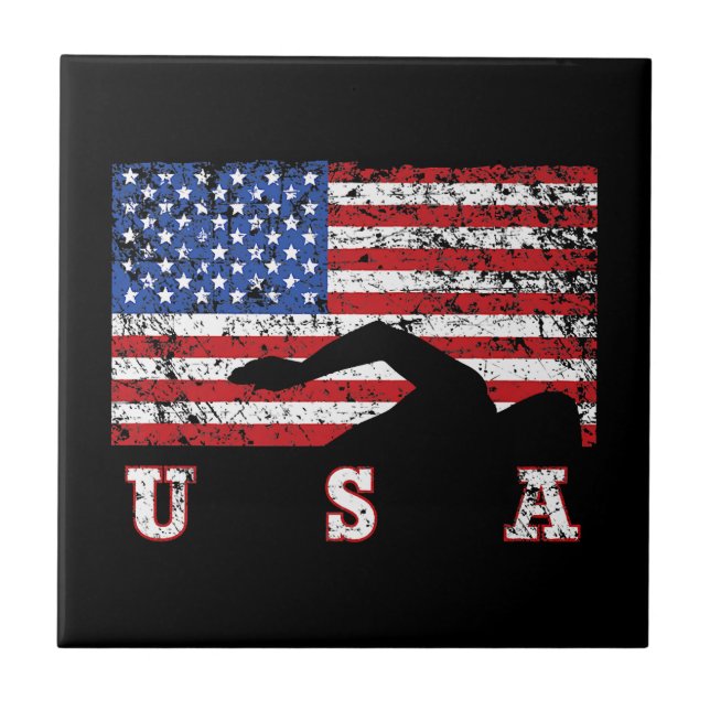 American Flag Swimming USA Gift Swim Team Premium Tile (Front)