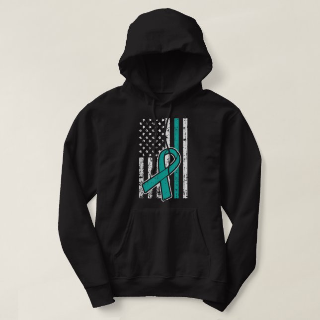 American Flag Teal Ribbon Cool Ovarian Cancer Awar Hoodie (Design Front)