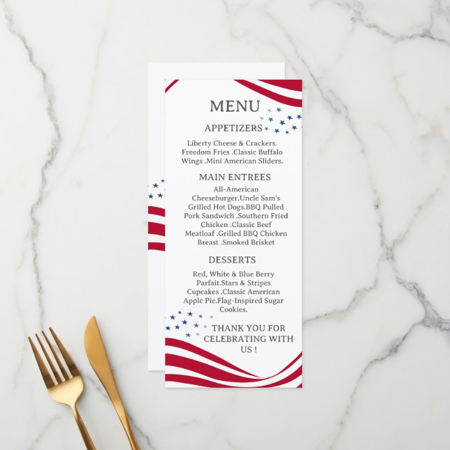 American Flag Theme Menu Card (Front/Back In Situ)