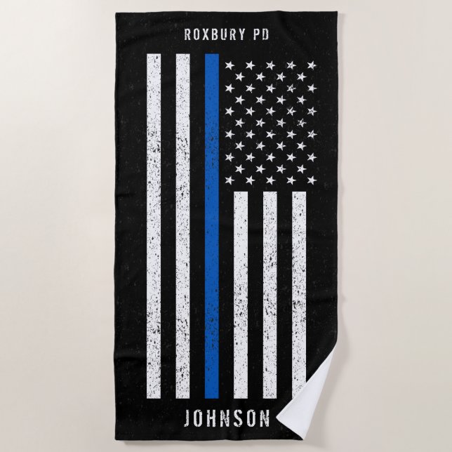 American Flag Thin Blue Line Distressed Name Beach Towel (Front)