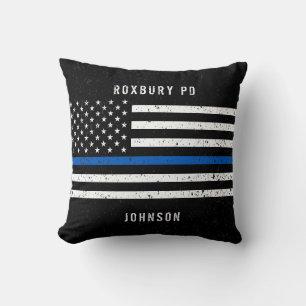 American Flag Thin Blue Line Distressed Name Cushion