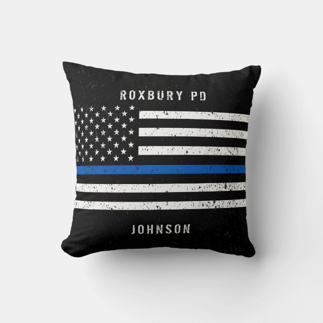 American Flag Thin Blue Line Distressed Name Cushion (Front)