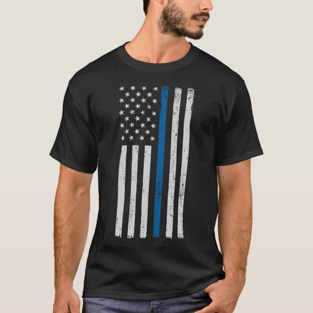 American Flag Thin Blue Line Police Support Lives  T-Shirt (Front)