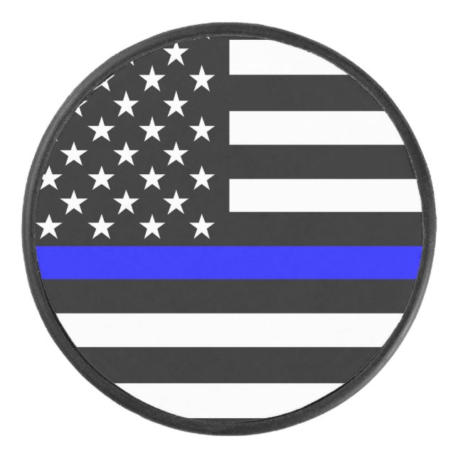 American Flag Thin Blue Line Symbolic on Hockey Puck (Front)