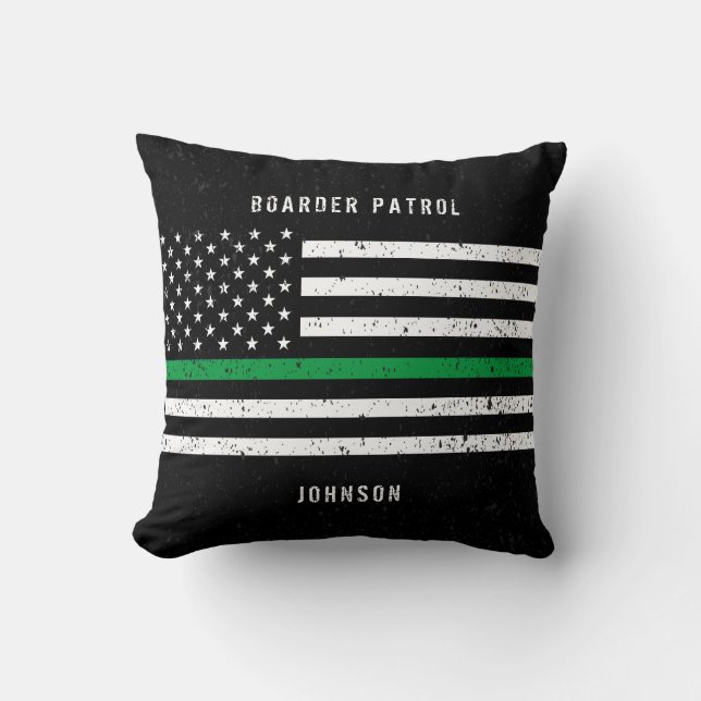American Flag Thin Green Line Distressed Name Cushion (Front)