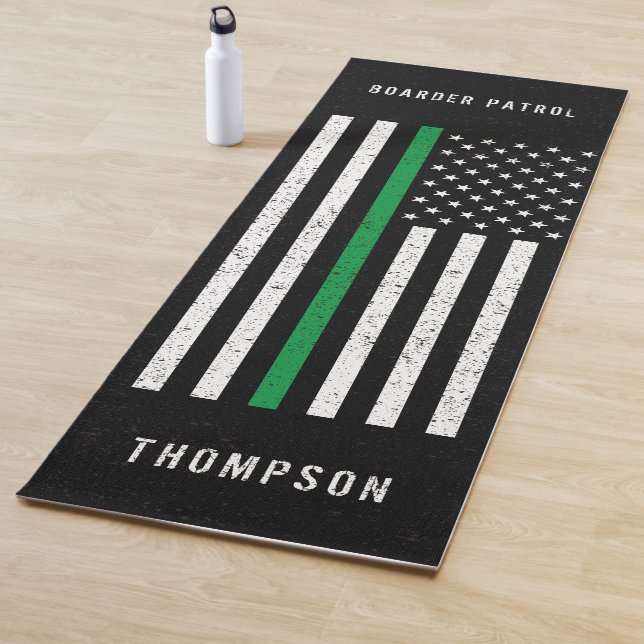American Flag Thin Green Line Distressed Name Yoga Mat (In Situ)