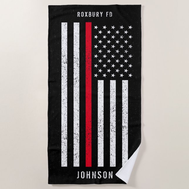 American Flag Thin Red Line Distressed Name Beach Towel (Front)